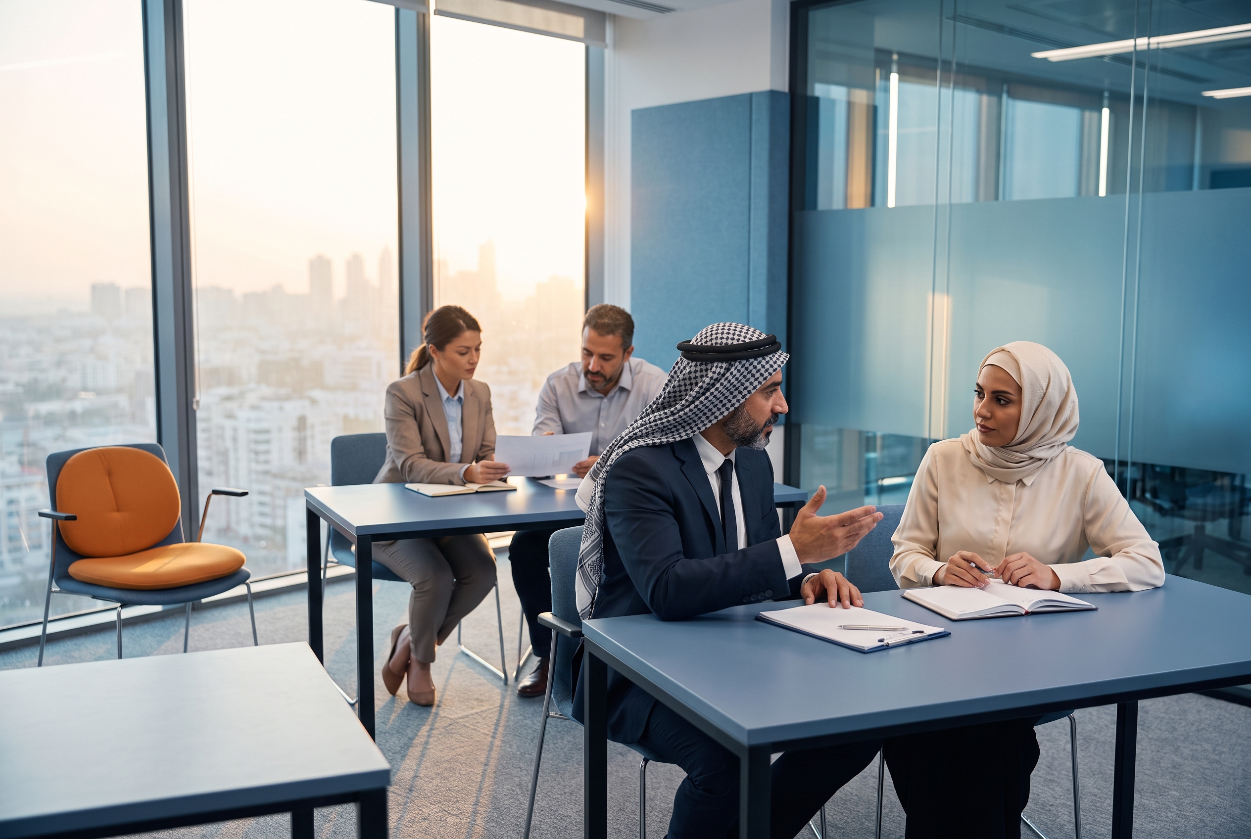 قادةٌ يعملون في ثنائيات في قاعة تدريبٍ مضيئة، الأدلّة مفتوحة، أحدهم يتدرّب على محادثةٍ حقيقية وآخر يلاحظ.