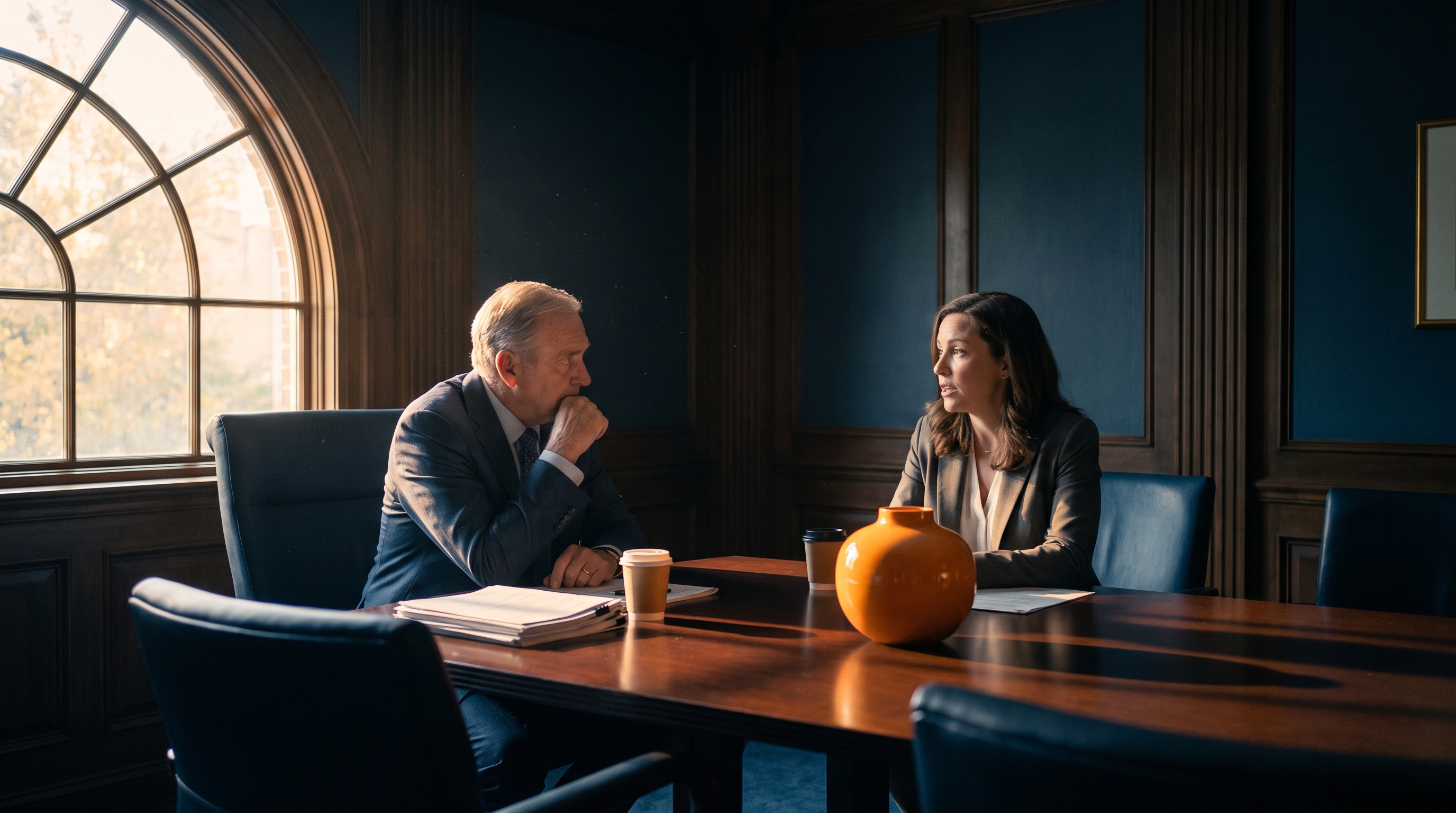 A senior leader and a colleague in a real working conversation across a table in a window-lit executive room.
