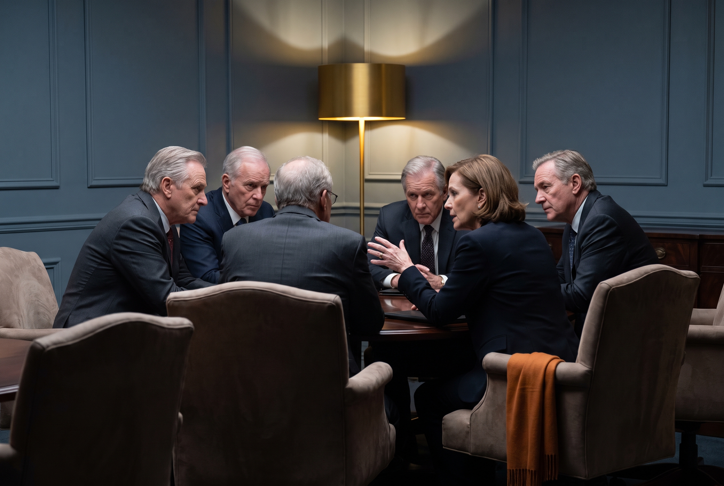 A small circle of senior leaders leaning into one real conversation in a briefing room.