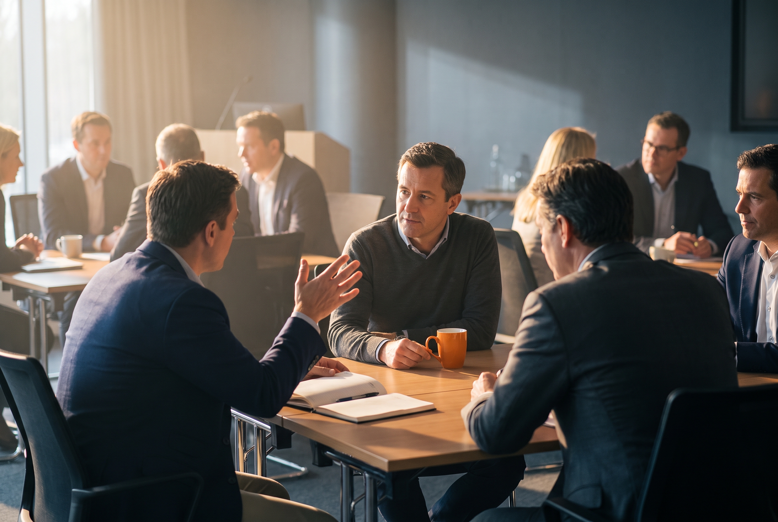 Leaders working in pairs in a bright training room, manuals open, one practising a real conversation while another observes.