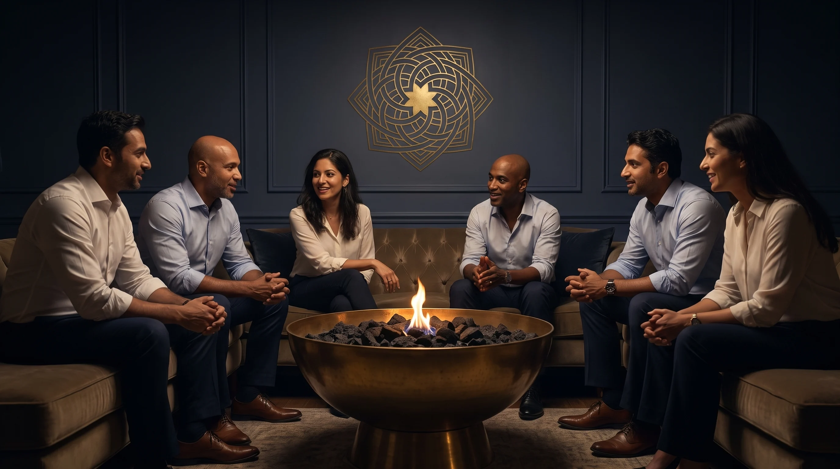 Founders and leaders from different industries gathered around a warm fire bowl in a darkened majlis, one flame at the shared centre.