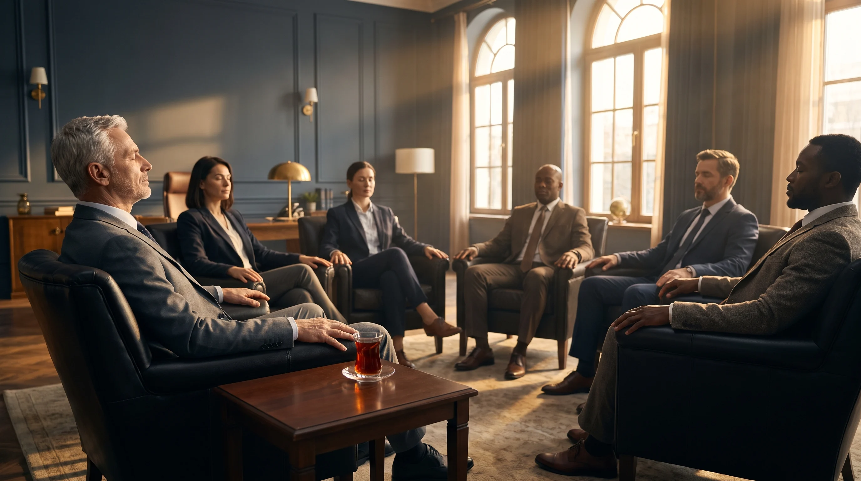 A small circle of founders seated in armchairs in a calm, window-lit room, one closing their eyes mid-exercise.