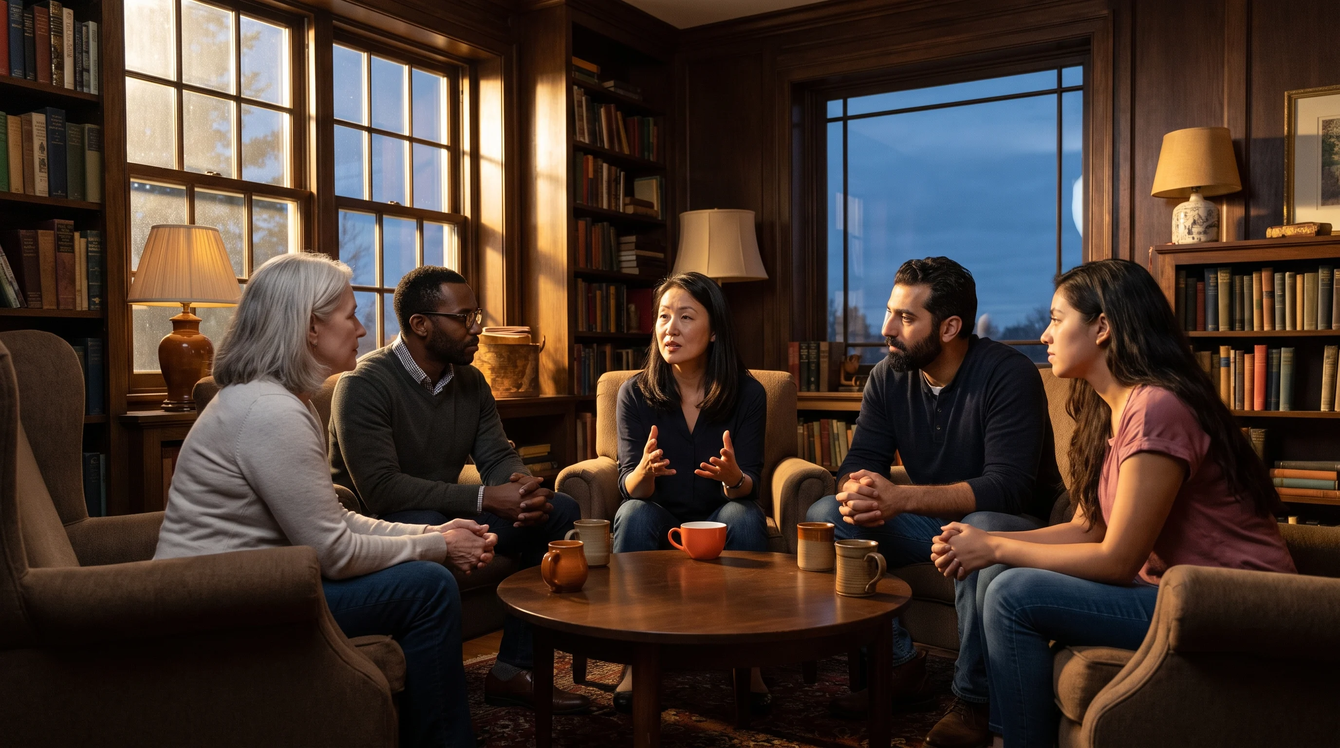 A small circle in a warm, window-lit room, one person speaking while the circle actually listens.