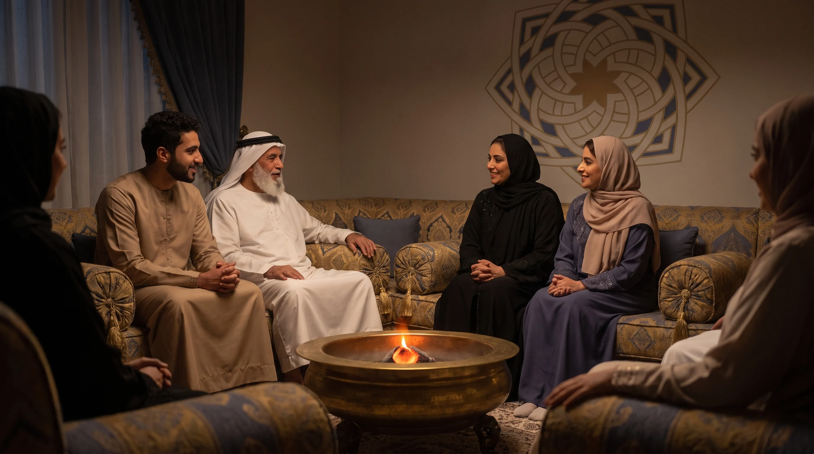 حلقةٌ من أناسٍ مختلفي الأعمار حول دفءٍ ذهبيٍّ في مجلسٍ معتم، الوجوهُ في الضوء.
