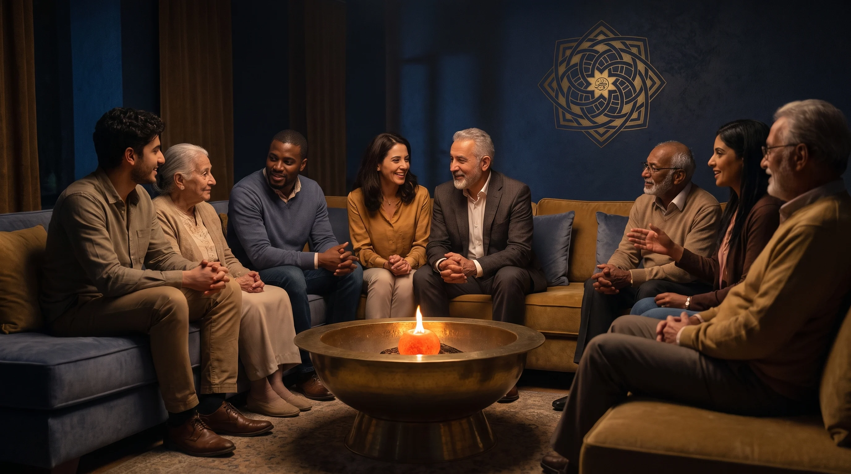 A mixed circle of ordinary people gathered around a warm fire bowl in a dim majlis, faces caught in the light.